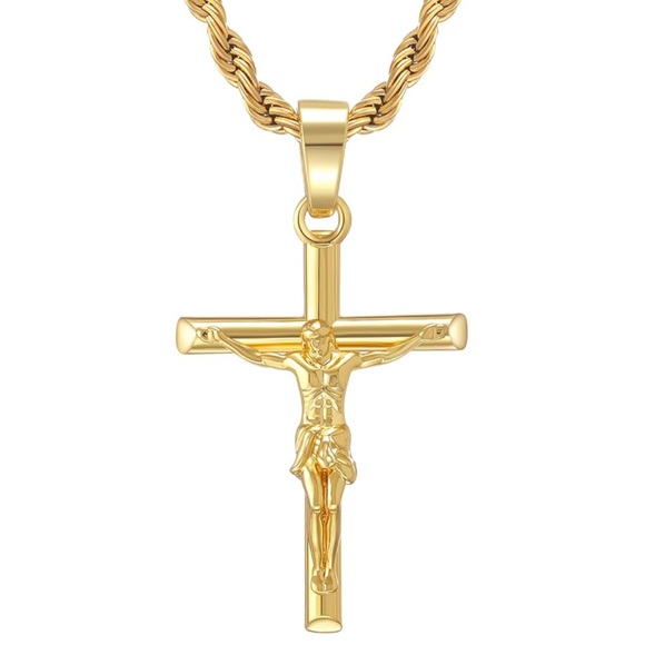 18K Gold plated Cross Pendant 22 inch Rope Chain Necklace